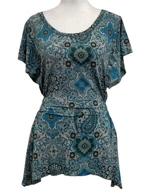 Charlotte Russe Y2K Blue Gray Floral Paisley Flutter Sleeve Sharkbite Tunic Top